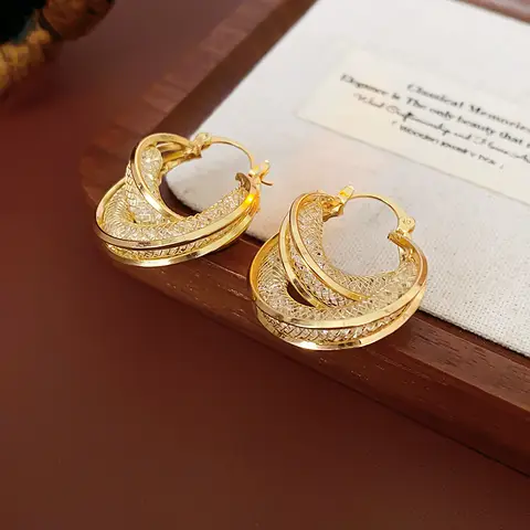 Gold Two piece Meshed Hoop/Dangler Earrings