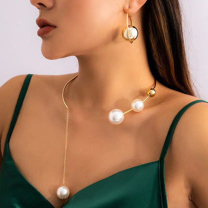 Elegant Pearl Cascade Choker Necklace and Earring Set