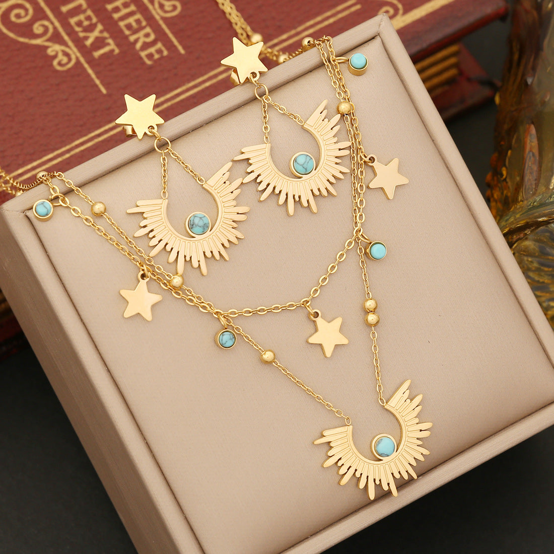 Anti-Tarnish Celestial Charm with Sun Rays Gold-Plated Necklace and Earrings Set