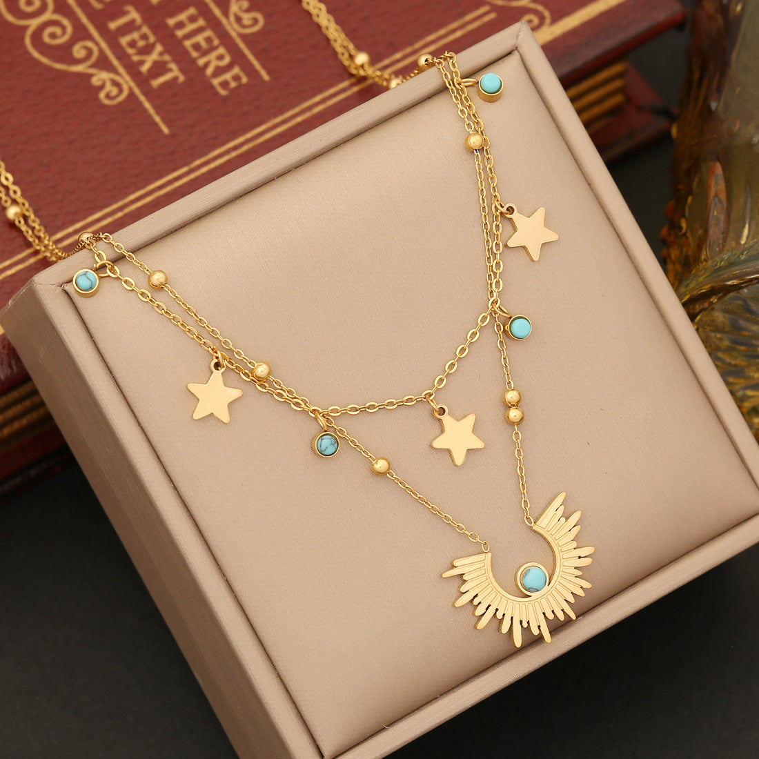 Anti-Tarnish Celestial Charm with Sun Rays Gold-Plated Necklace and Earrings Set