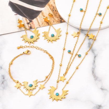 Anti-Tarnish Celestial Charm with Sun Rays Gold-Plated Necklace and Earrings Set