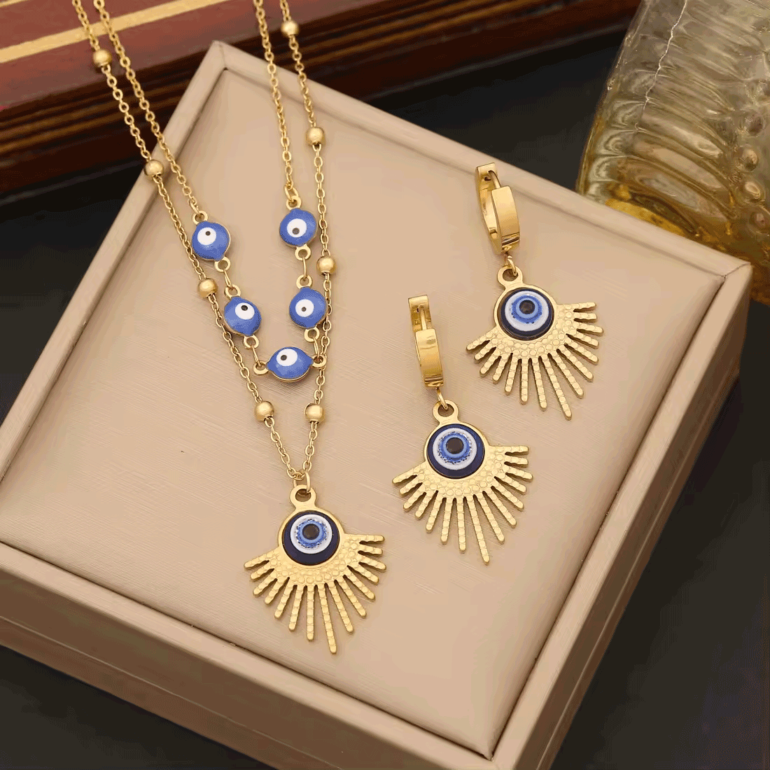 Evil Eye Gold Necklace and Earring Set